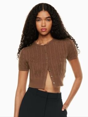 Aritzia Wilfred Fey Cable, Open Knit Crop Cotton Merino Wool Cardigan in Brown S